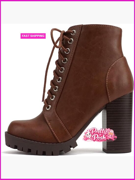 Shoes - Fashion Lace Up Military Inspired Ankle Boot with Stacked Heel and Side Zipper